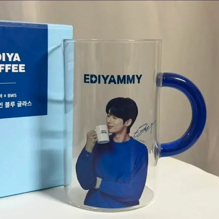 [BUNJANG] Byun Woo-seok Ediya Coffee Signed Blue Glass / 변우석 이디야 커피 사인 블루 글라스