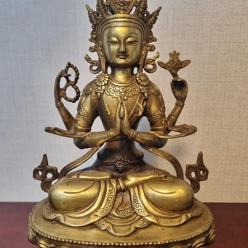 [BUNJANG] Tibetan Bronze Amitabha Buddha Statue - Height 28cm / [동 불상] 티베트 연꽃 염주 사비관음보살 좌상 - 높이28cm