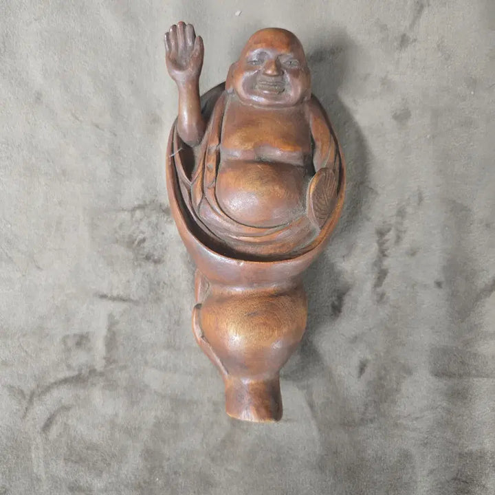[BUNJANG] Wooden "Buddha of Wealth" Sculpture with Raised Hand / 원목 포대화상 목조각 인테리어 소품 / 손을 든 복주머니 조각상