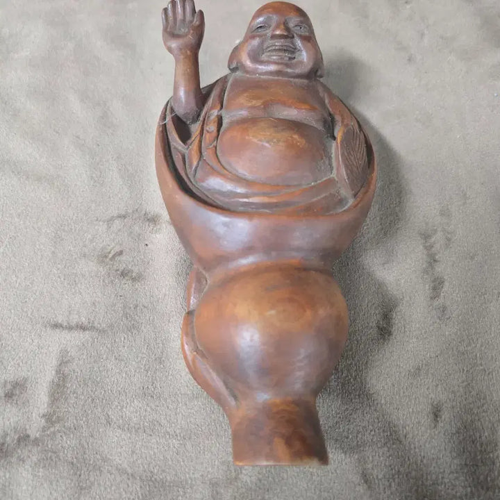[BUNJANG] Wooden "Buddha of Wealth" Sculpture with Raised Hand / 원목 포대화상 목조각 인테리어 소품 / 손을 든 복주머니 조각상