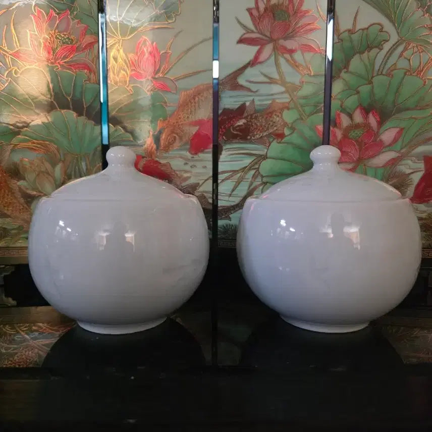 [BUNJANG] Potter Sukyeol (眞誠) White Porcelain Carved Cloud &amp; Crane Tea Caddy Set / [도예가 수결 작품] 단아한 백자 음각 운학문 차호/다기합 2점 세트