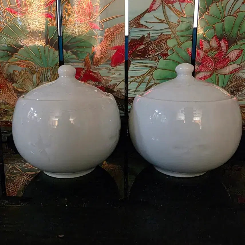 [BUNJANG] Potter Sukyeol (眞誠) White Porcelain Carved Cloud &amp; Crane Tea Caddy Set / [도예가 수결 작품] 단아한 백자 음각 운학문 차호/다기합 2점 세트