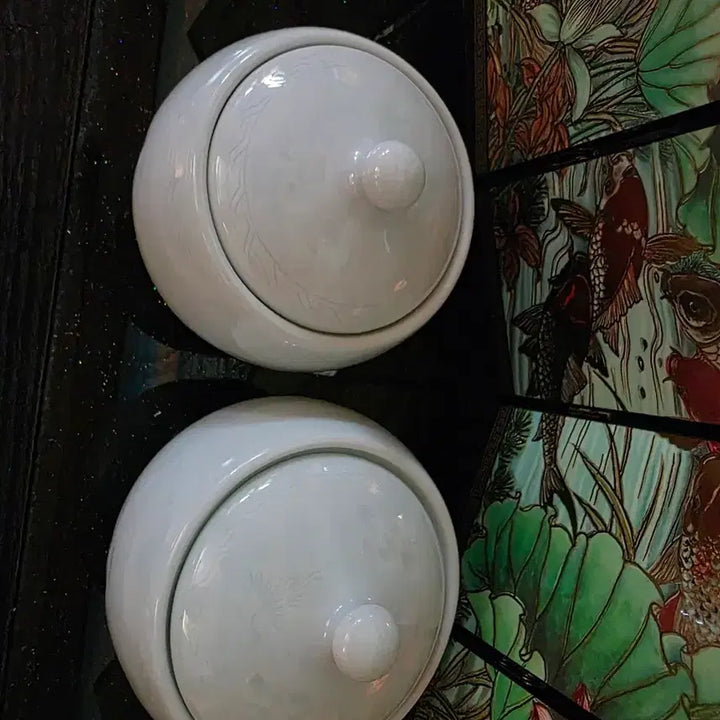 [BUNJANG] Potter Sukyeol (眞誠) White Porcelain Carved Cloud &amp; Crane Tea Caddy Set / [도예가 수결 작품] 단아한 백자 음각 운학문 차호/다기합 2점 세트