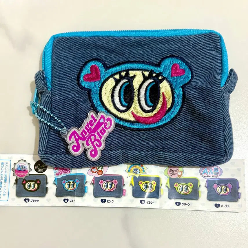 [BUNJANG] Angel Blue Denim Style Embroidered Pouch - Blue / 엔젤블루 데님풍 자수 파우치 가챠 - 블루