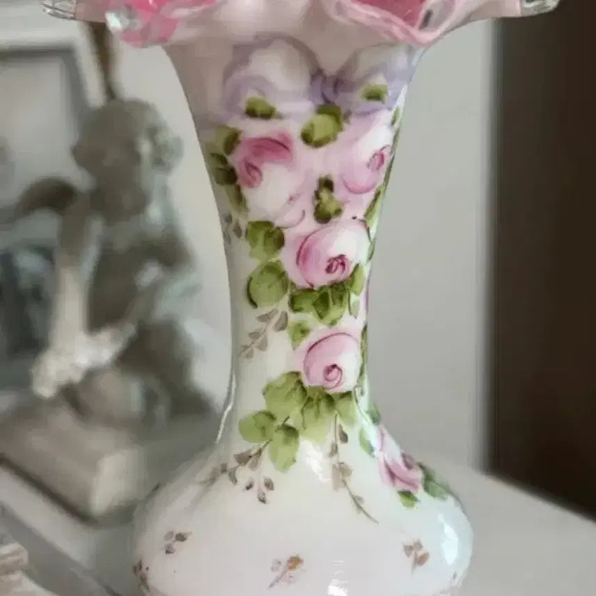 [BUNJANG] Fenton Milk Glass Vase with Pink Ribbon Handpainting / 펜톤 밀크 글래스 베이스