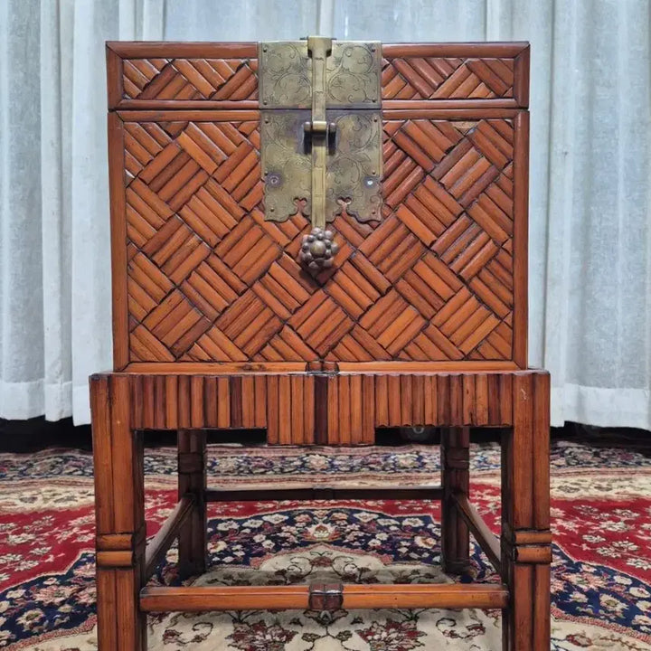 [BUNJANG] Oriental Vintage Asian Classic Teak &amp; Bamboo Chest Stand Box / 오리엔탈빈티지 아시안 클래식 티크 뱀부 체스트 스탠드 박스