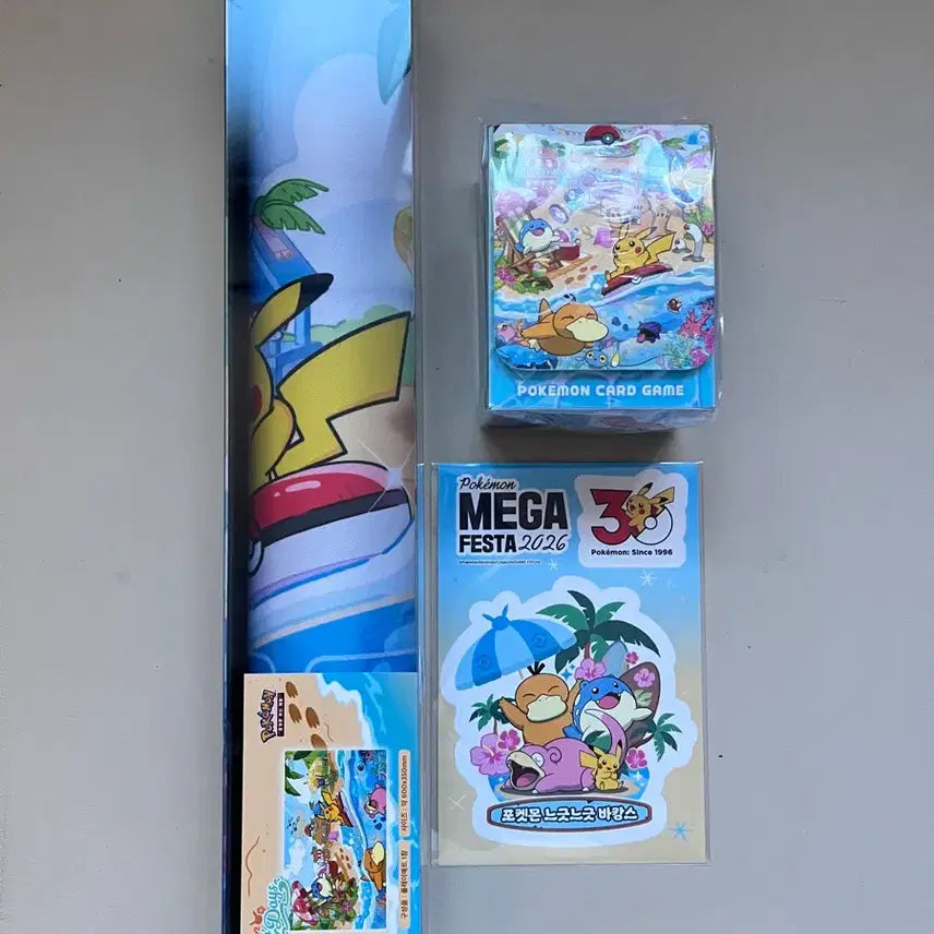 [BUNJANG] Pokemon Chilling Beach Playmat &amp; Deck Case Bundle (Sealed) / 특전)부산 포켓몬카드 팝업 칠링비치 플레이매트, 덱케이스 2종 미개봉 일괄