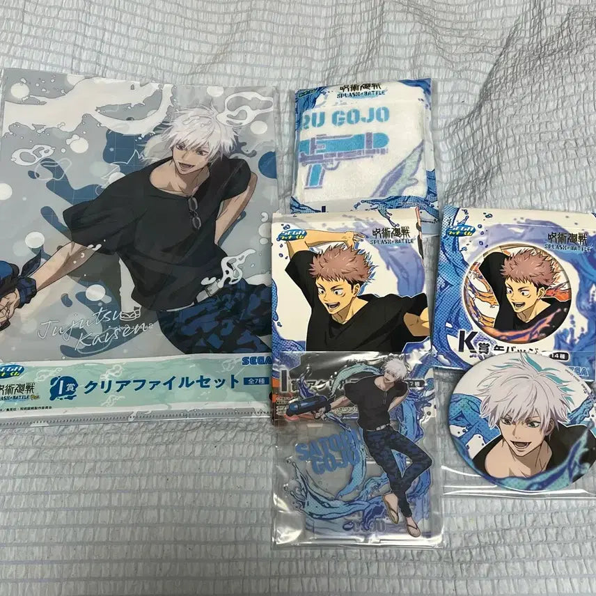 [BUNJANG] Jujutsu Kaisen Splash Sega Prize Gojo Satoru Big Can Badge, Clear File, Towel, and Acrylic Set / 주술회전 스플래쉬 세가쿠지 1,2탄 고죠 사토루