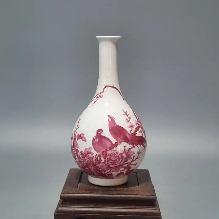 [BUNJANG] Qianlong Period Celadon Vase with Bird and Flower Motif / 대청건륭년제 연지홍 화조문 장경병. 고23.5