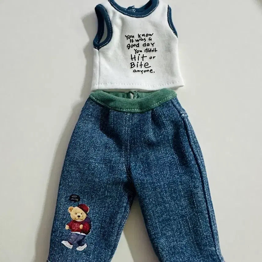 [BUNJANG] Bear Embroidery Pants and Lettering T-Shirt Set for Dolls / 레이나인형 옷