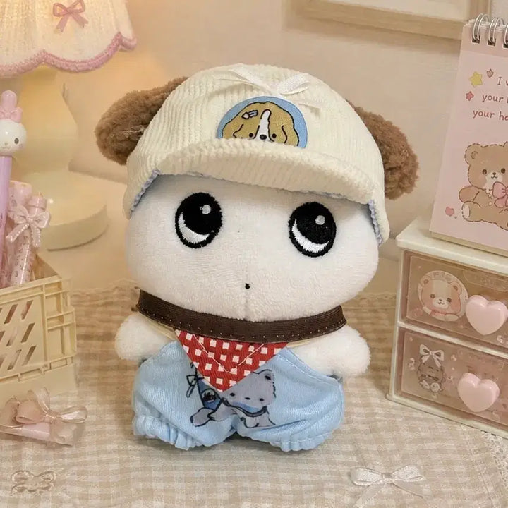 [BUNJANG] 10cm Doll Clothes Set with Dog Hat and Overalls / 새상품 10cm인형 옷 세트, 강아지 모자 멜빵바지 인형옷, 솜인형옷 세트
