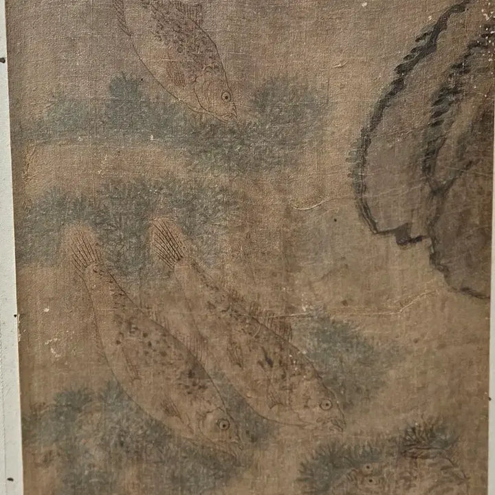 [BUNJANG] Antique Joseon Dynasty Folk Painting "Eohaedo" (Fish and Birds) on Silk / 골동품 진품 조선민화 견바닥 당채 어해도