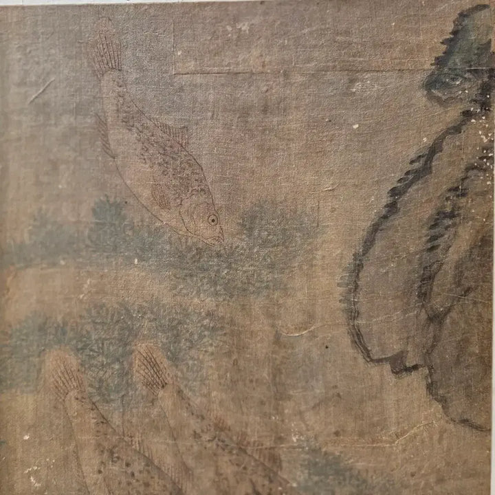 [BUNJANG] Antique Joseon Dynasty Folk Painting "Eohaedo" (Fish and Birds) on Silk / 골동품 진품 조선민화 견바닥 당채 어해도