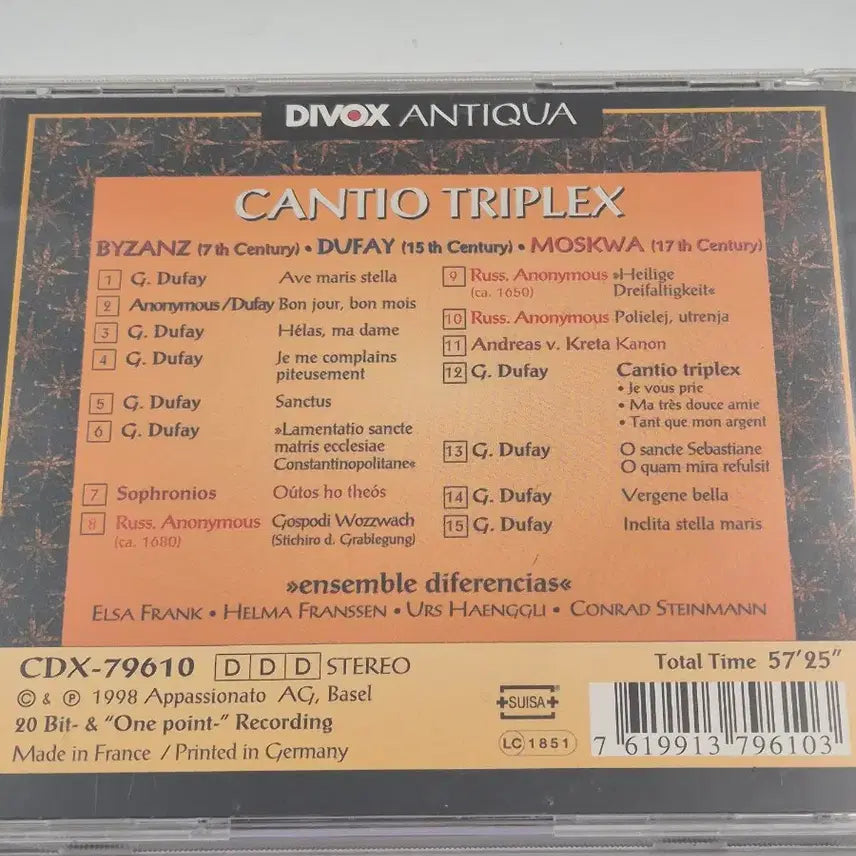 [BUNJANG] Guillaume Dufay Cantio Triplex Recorder Early Music CD by Ensemble Diferencias &amp; Conrad Steinmann (DIVox Antiqua) / 뒤파이 Dufay Cantio Triplex 리코더 고음악 시대악기 DIVox 수입 클래식 CD