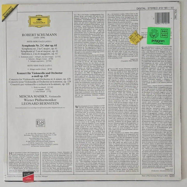 [BUNJANG] Mischa Maisky/Bernstein Schumann Cello Concerto, Symphony No.2 LP (Deutsche Grammophon 1986 West Germany) / 미샤 마이스키/번스타인 - 슈만 첼로협주곡, 교향곡2번 LP ( DG 1986년 독일 )
