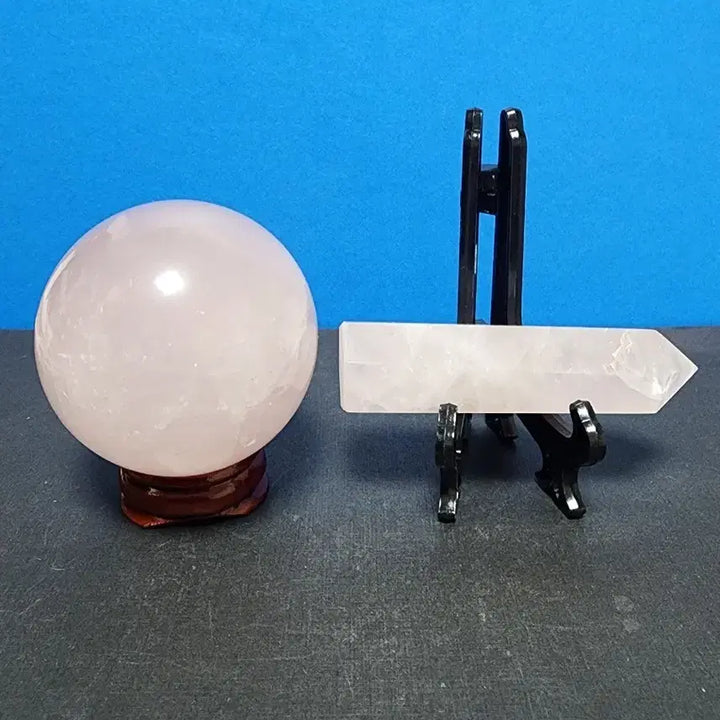 [BUNJANG] Rose Quartz Crystal Ball &amp; Obelisk Set with Stand / 로즈쿼츠 원석 볼+오벨리스크 세트+받침대