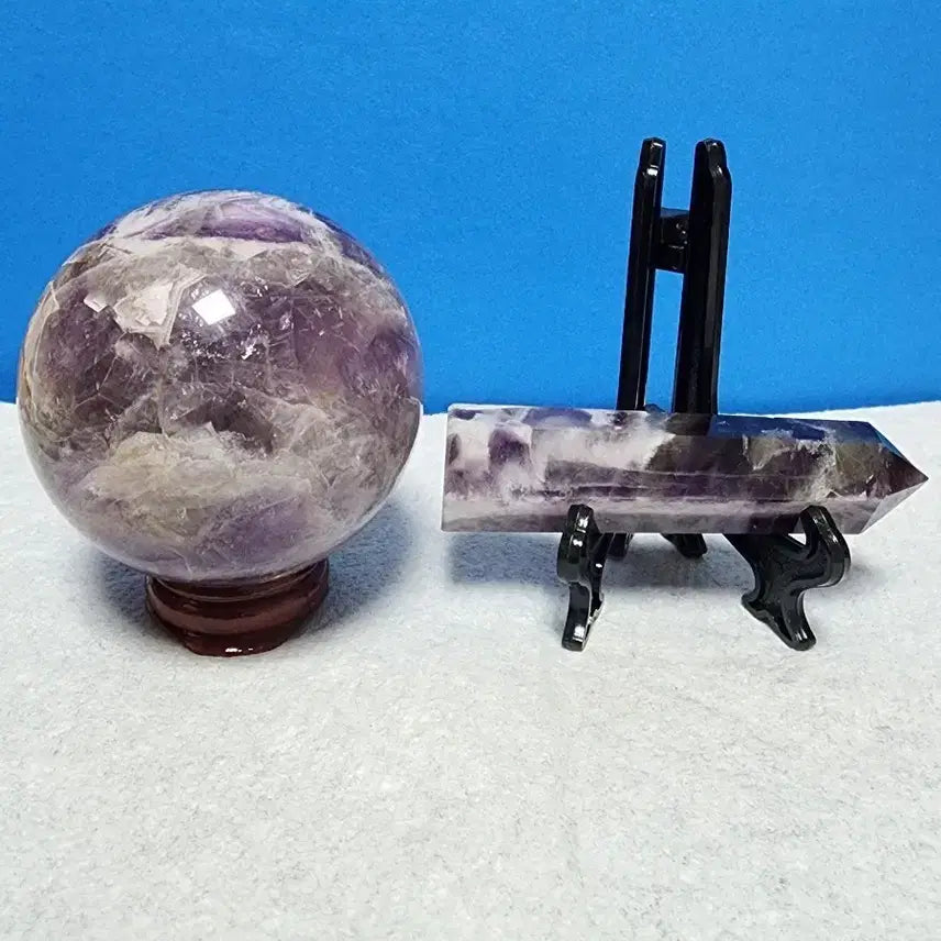 [BUNJANG] Natural Amethyst Raw Stone Ball &amp; Point Tower Set with Stand / 천연 자수정 원석 볼 &amp; 포인트 타워 + 받침대