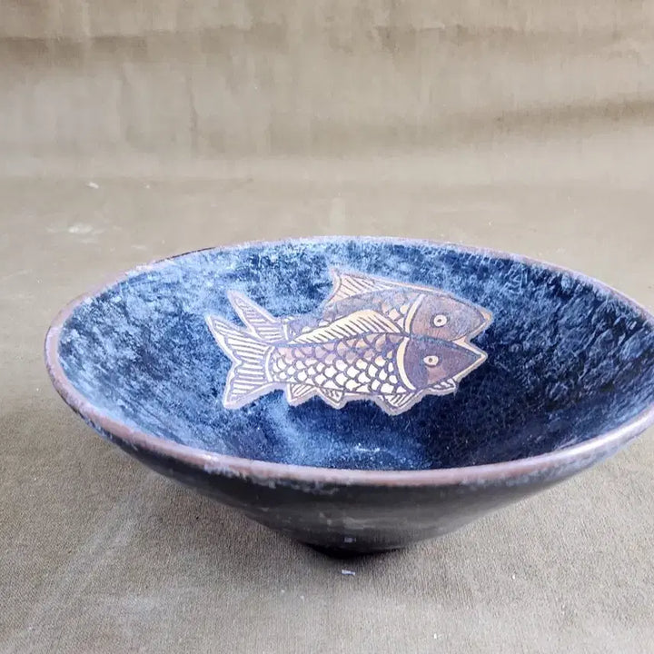 [BUNJANG] Chinese Celadon Porcelain Twin Fish Motif Tenmoku Tea Bowl / 중국도자기 쌍어문 천목다완