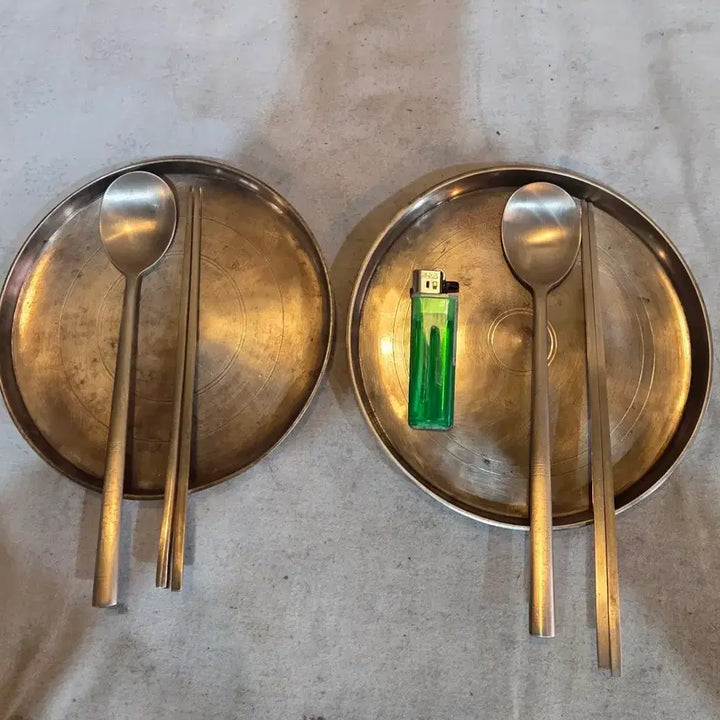 [BUNJANG] Vintage Brass Water Trays and Cutlery Set (2 Sets) / 옛날 유기 물쟁반과 유기수저 2세트