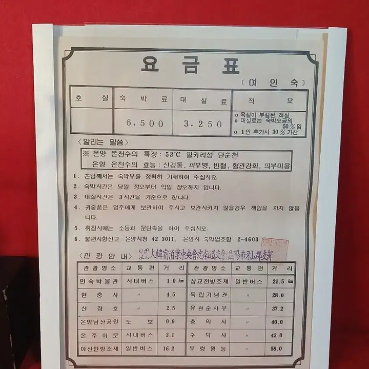 [BUNJANG] 1980s Korean Guesthouse Pricing Chart / 80년대 여인숙 숙박요금표