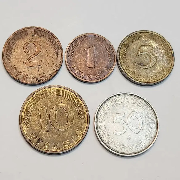 [BUNJANG] Vintage German Pfennig Coins (2, 5, 10, 50 Pfennig) / 외국동전, 예전 독일 페니 동전 5점 일괄