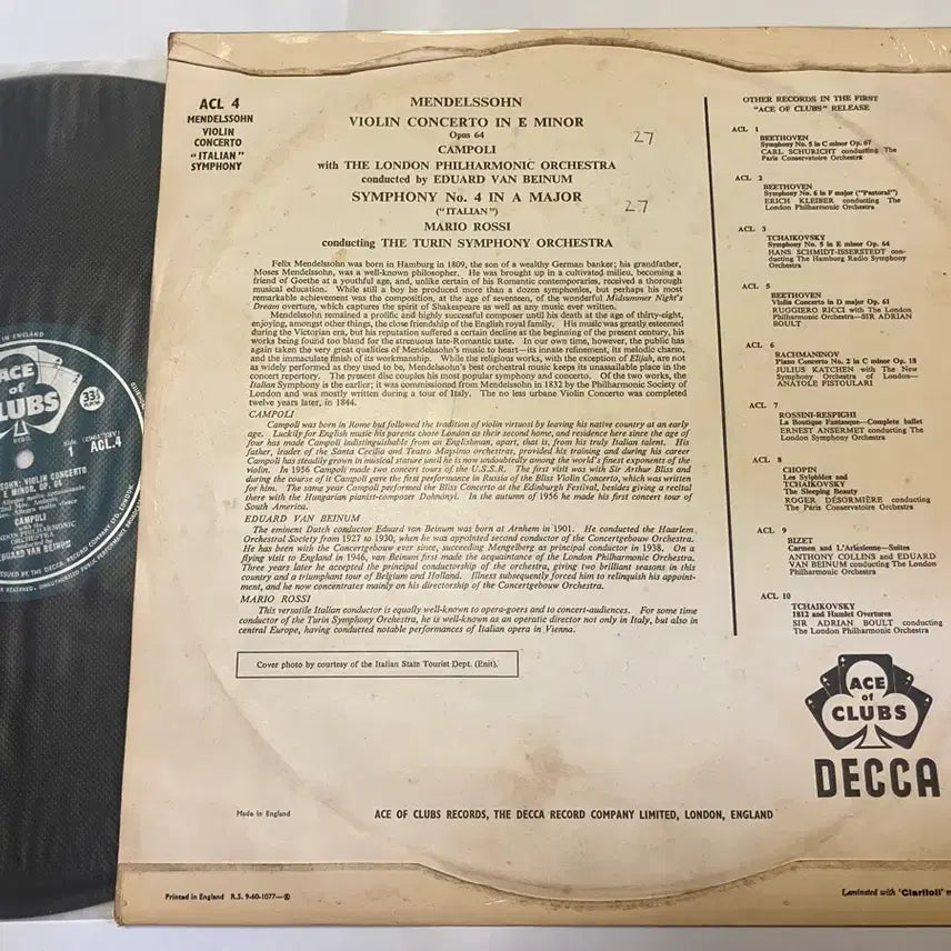 [BUNJANG] Alfredo Campoli - Mendelssohn Violin Concerto in E minor, Op. 64 Mono LP (Ace of Clubs) / 수입모노LP) 캄폴리- 멘델스존 바이올린 협주곡