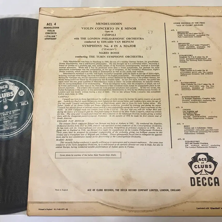 [BUNJANG] Alfredo Campoli - Mendelssohn Violin Concerto in E minor, Op. 64 Mono LP (Ace of Clubs) / 수입모노LP) 캄폴리- 멘델스존 바이올린 협주곡