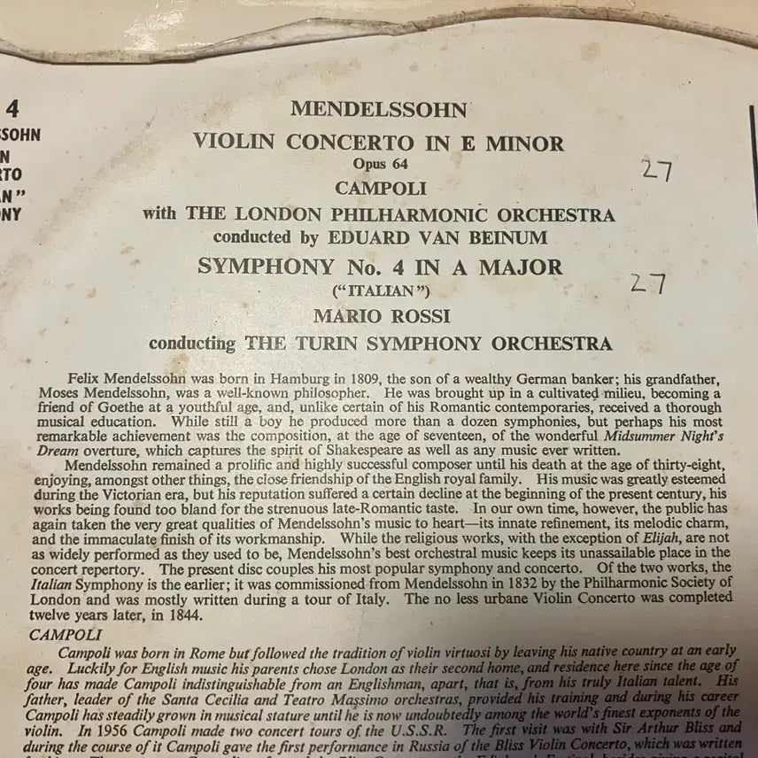 [BUNJANG] Alfredo Campoli - Mendelssohn Violin Concerto in E minor, Op. 64 Mono LP (Ace of Clubs) / 수입모노LP) 캄폴리- 멘델스존 바이올린 협주곡