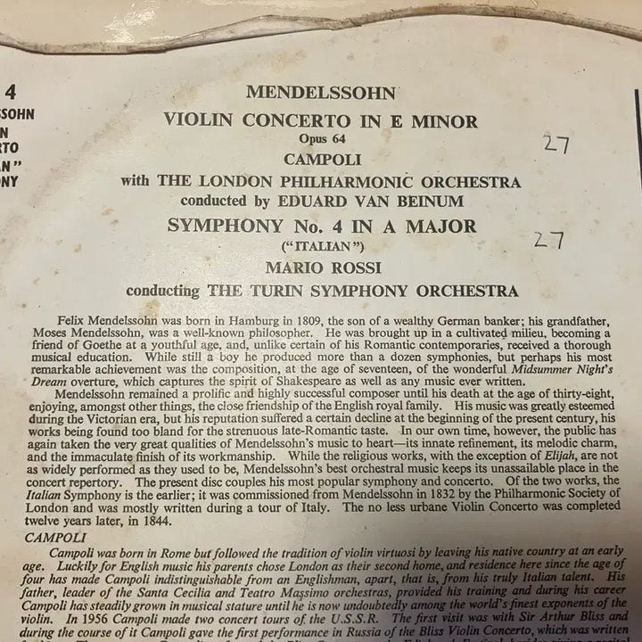 [BUNJANG] Alfredo Campoli - Mendelssohn Violin Concerto in E minor, Op. 64 Mono LP (Ace of Clubs) / 수입모노LP) 캄폴리- 멘델스존 바이올린 협주곡