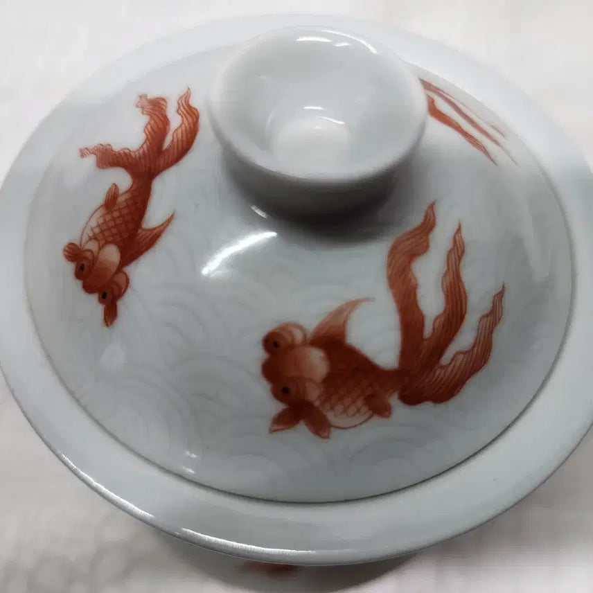 [BUNJANG] Chinese White Porcelain Orange Celadon Teacup with Goldfish Design / 중국도자기 백자 주황색 도자기 보이차 다완 개완