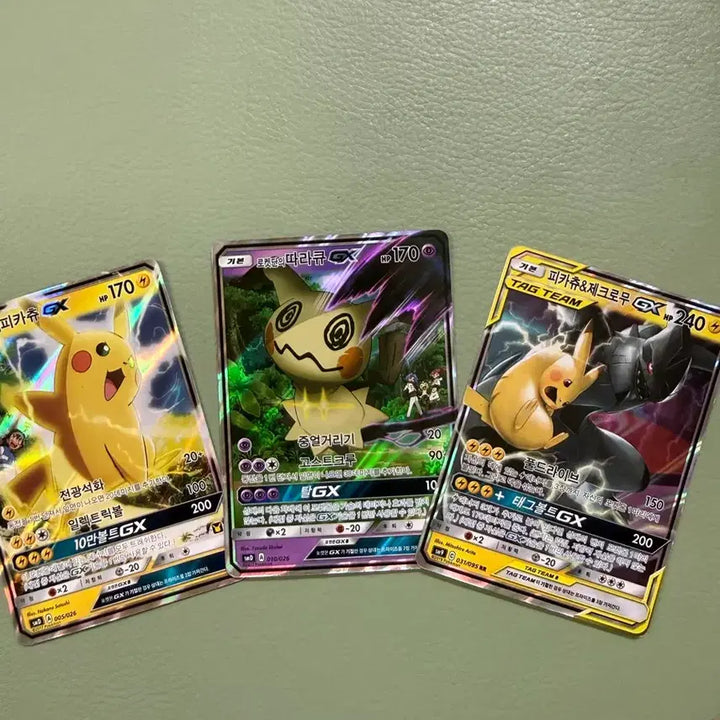 [BUNJANG] Pokemon Pikachu &amp; Mimikyu GX 3-Card Bundle Set / 포켓몬 카드 피카츄, 따라큐 gx 3종 일괄판매해요!