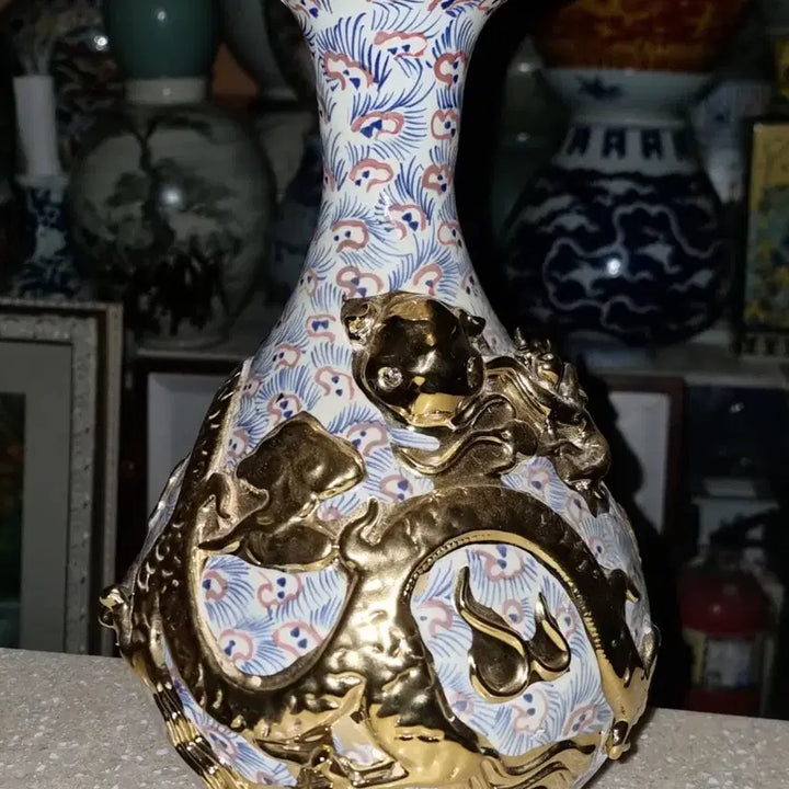 [BUNJANG] Chinese Celadon Vase with Gold Dragon Motif / 금장 운용문 옥호춘병 높33 지21 센치 중국도자기 고도자 오래된 골통품
