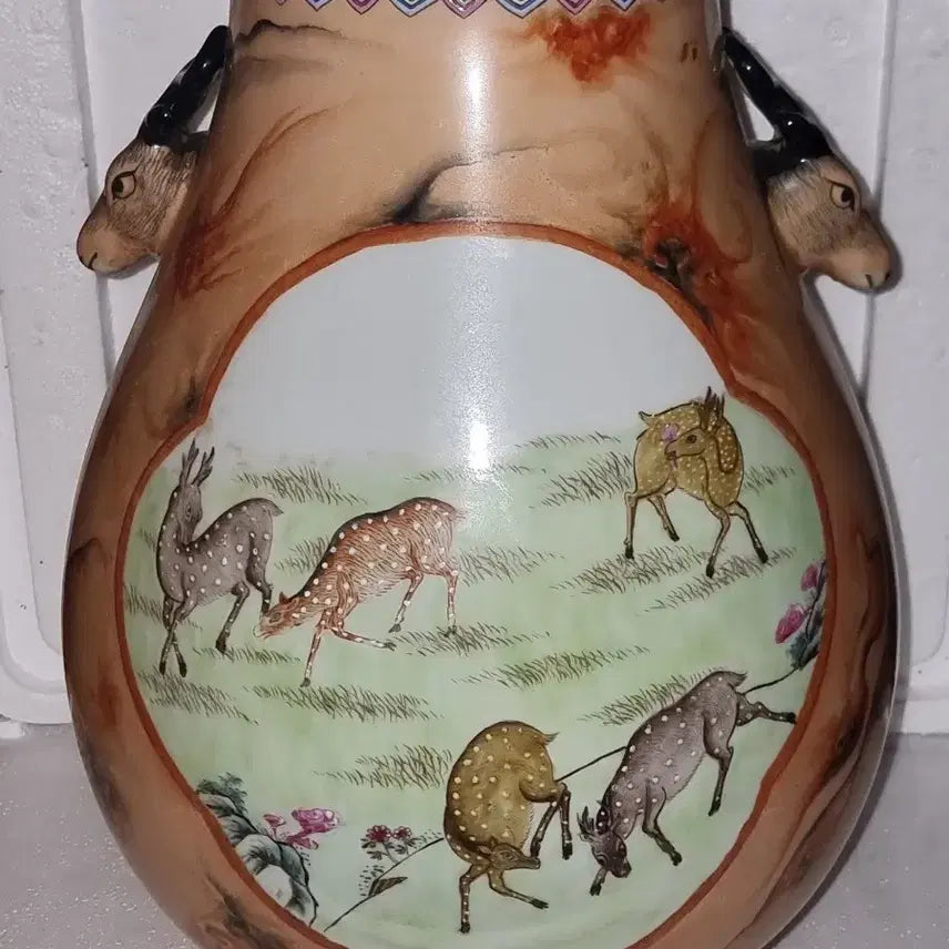 [BUNJANG] Qianlong Period Celadon Vase with Deer Motif / 건륭년제 연지홍 상이준 화병 높37.5 지30센 중국도자기 고도자 골통품