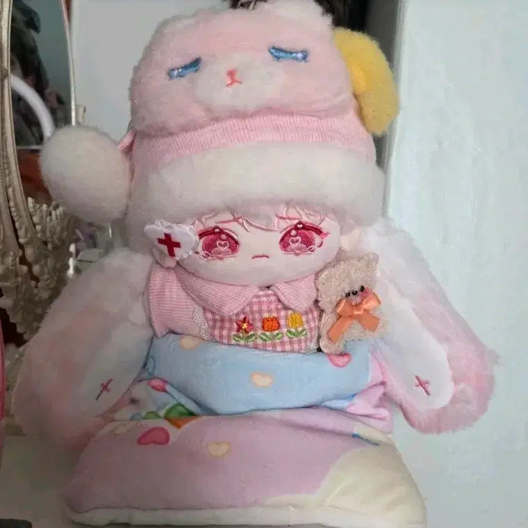 [BUNJANG] 20cm Unlabeled Plush Doll Pink Lop Ear (Includes Sleeping Bag) / 20cm 무속성 솜인형 핑크 롭이어 (침낭, 옷 포함)