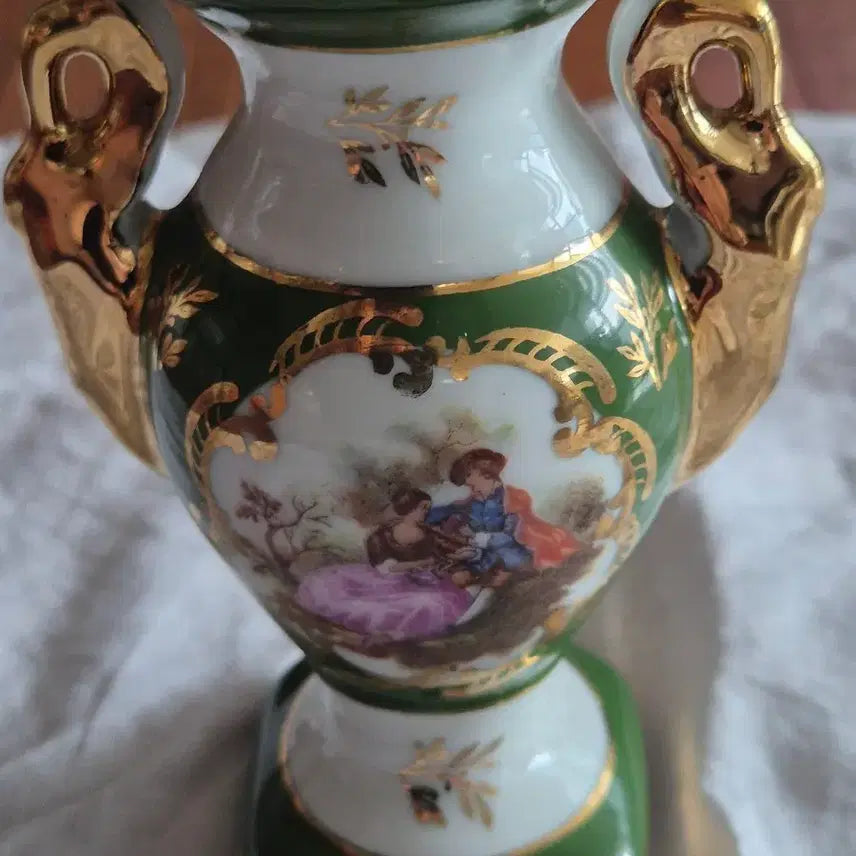 [BUNJANG] Limoges Antique Miniature Vase Green Gold Porcelain / 프랑스 리모지 엔틱 도자기 화병 그린 골드 장식
