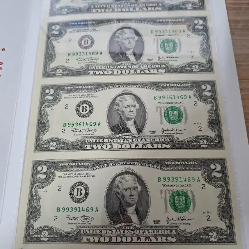 [BUNJANG] Uncirculated 4-Note Consecutive 2003 US $2 Bills / 행운의 미국 연결형지폐 2달러 4개연결 2003년