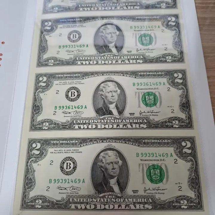 [BUNJANG] Uncirculated 4-Note Consecutive 2003 US $2 Bills / 행운의 미국 연결형지폐 2달러 4개연결 2003년