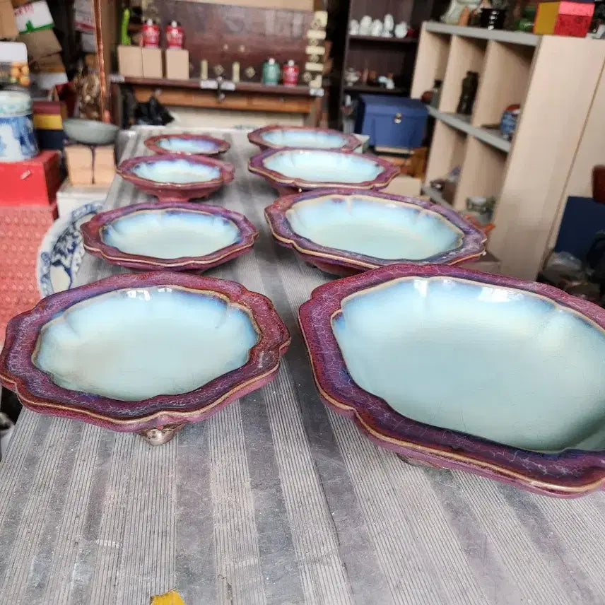 [BUNJANG] Chinese Jun Ware Style Glazed Flower Basin Set (8 Pieces) / 중국도자기 균요 요변좋은 수반 8점