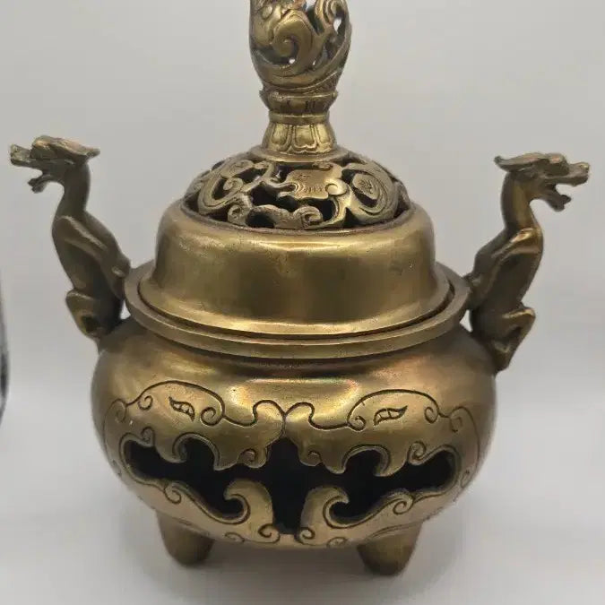 [BUNJANG] Brass Dragon Motif Pierced Incense Burner Antique / 황동 용 문양 투각 향로 골동품