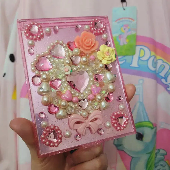 [BUNJANG] Lovely Pink Heart Imported Mirror with Rhinestones / 러블리핑크 하트 수입 스톤거울
