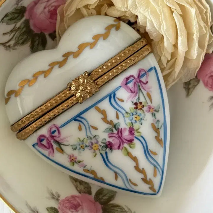 [BUNJANG] French Limoges Heart Ribbon Trinket Dish / 프랑스 리모지 하트 리봉 트링켓