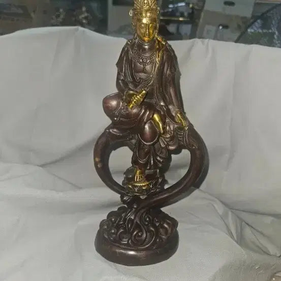 [BUNJANG] Bronze Water Moon Guanyin Statue 29cm, 1.358kg, Qianlong Mark / 황동 수월관음보살상 29cm.1.358kg.건륭년제 명문 관음상