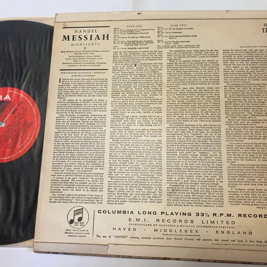 [BUNJANG] Sir Malcolm Sargent Handel Messiah Highlights Mono LP / 수입모노LP) 말콤 사전트 - 핸델 메시아 하이라이트