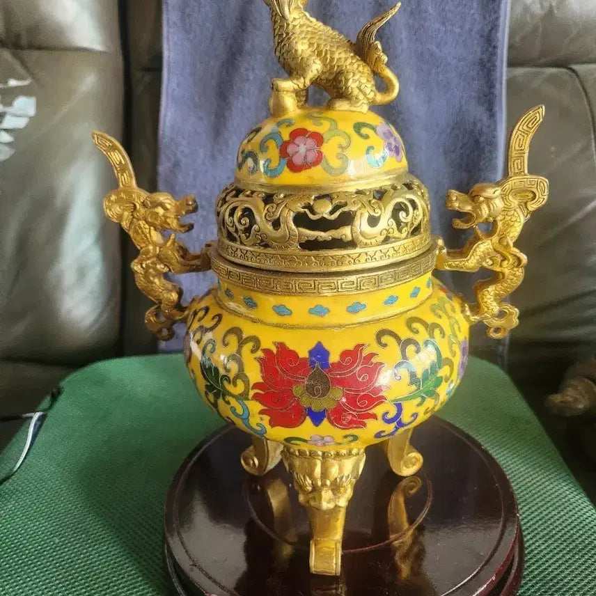 [BUNJANG] Brass Dragon Head Handle Enamel Censer / 황동 용 머리 손잡이 동태범랑 칠보 향로