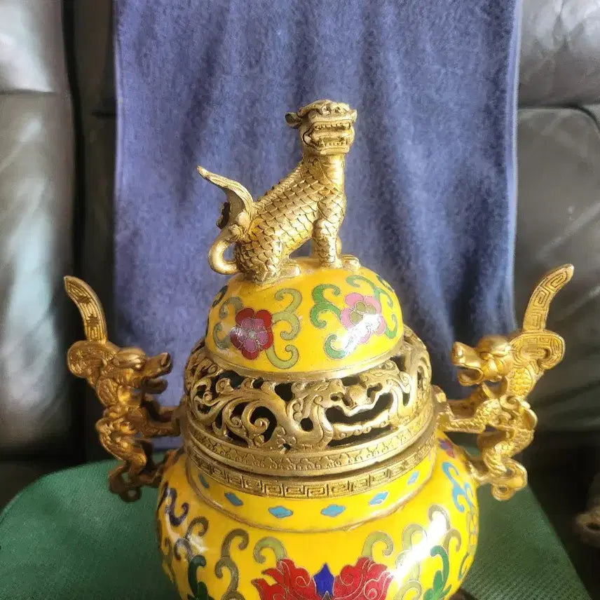 [BUNJANG] Brass Dragon Head Handle Enamel Censer / 황동 용 머리 손잡이 동태범랑 칠보 향로