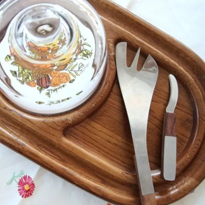 [BUNJANG] Vintage German Wood &amp; Tile Cheese Platter with Glass Dome, Cheese Knife, and Fork Set / 빈티지 독일 우드와 타일 치즈트레이와 유리돔_치즈칼과 포크셋트