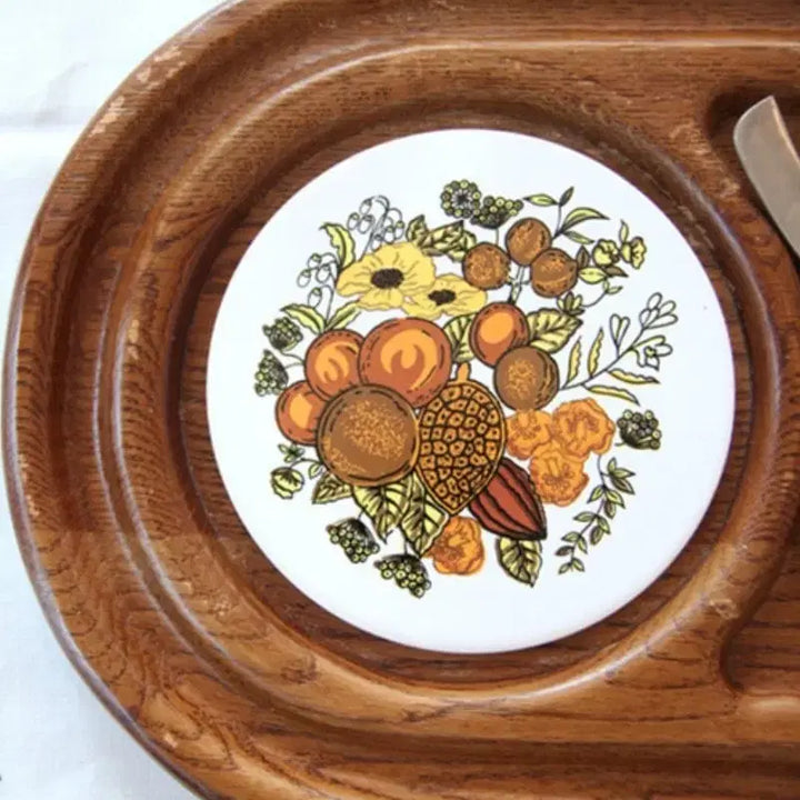 [BUNJANG] Vintage German Wood &amp; Tile Cheese Platter with Glass Dome, Cheese Knife, and Fork Set / 빈티지 독일 우드와 타일 치즈트레이와 유리돔_치즈칼과 포크셋트