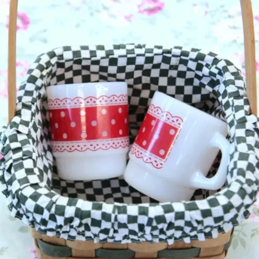 [BUNJANG] Vintage Green &amp; White Gingham Fabric Handle Basket / 빈티지 그린_화이트 깅엄체크 패브릭의 핸들 바스켓