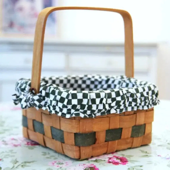 [BUNJANG] Vintage Green &amp; White Gingham Fabric Handle Basket / 빈티지 그린_화이트 깅엄체크 패브릭의 핸들 바스켓