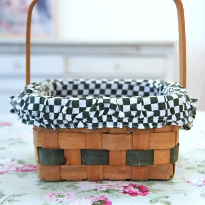 [BUNJANG] Vintage Green &amp; White Gingham Fabric Handle Basket / 빈티지 그린_화이트 깅엄체크 패브릭의 핸들 바스켓